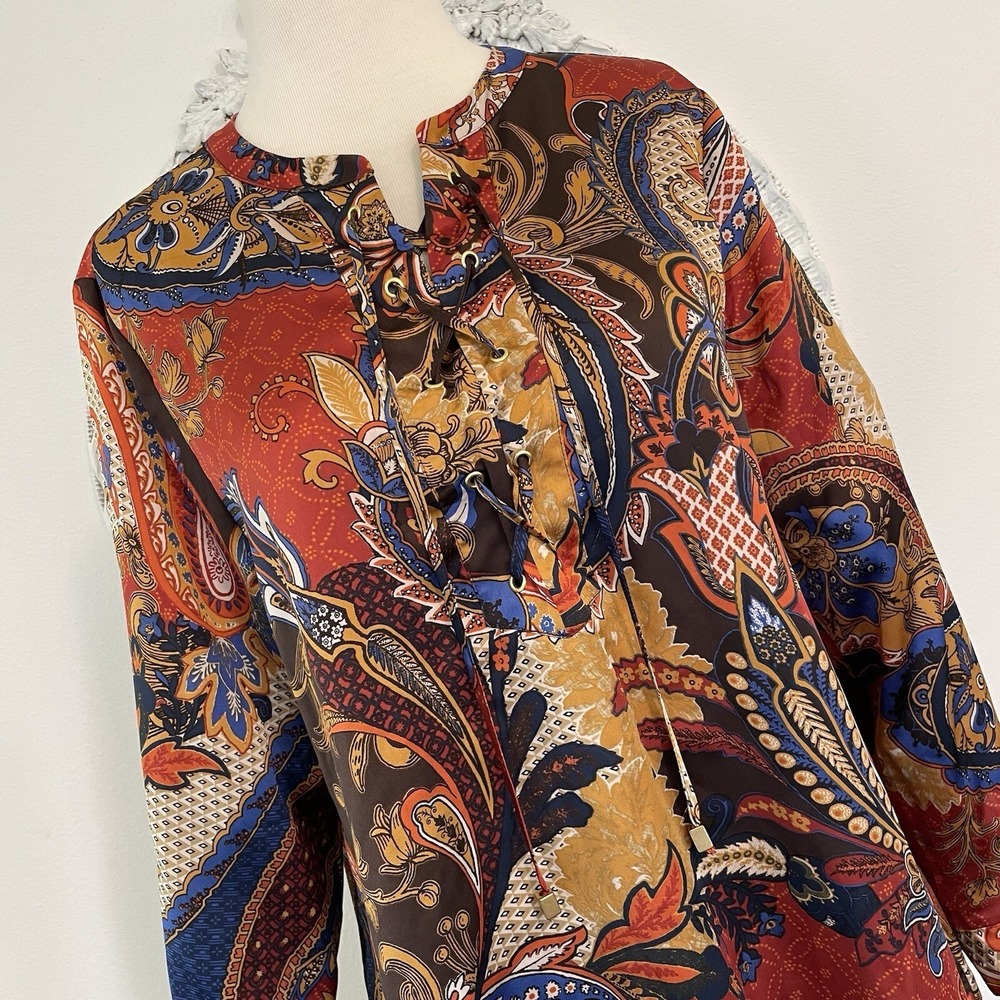 Chicos Womens Tunic Top 1 Petite Gorgeous Boho Blue Orange Paisley Asymmetrical